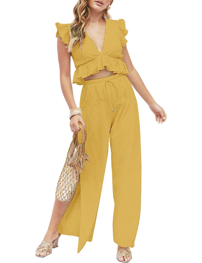 FANCYINN Womens 2 Pieces Outfits Deep V Neck Crop Top Side Slit Drawstring Wide Leg Pants Set Jumpsuits Turmeric S - Image 2